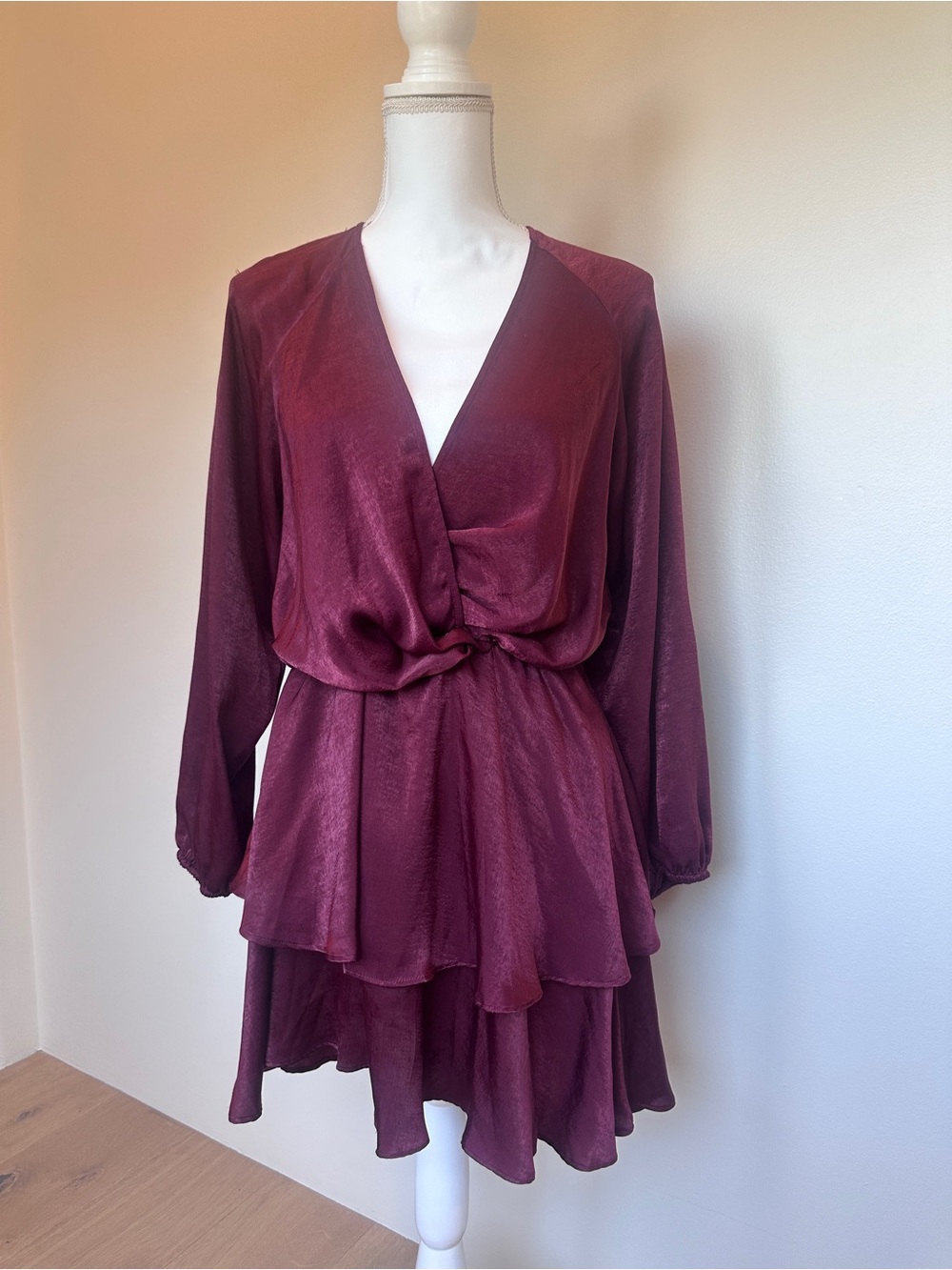 ZARA Burgundy Satin Tiered Mini Dress – Size XS